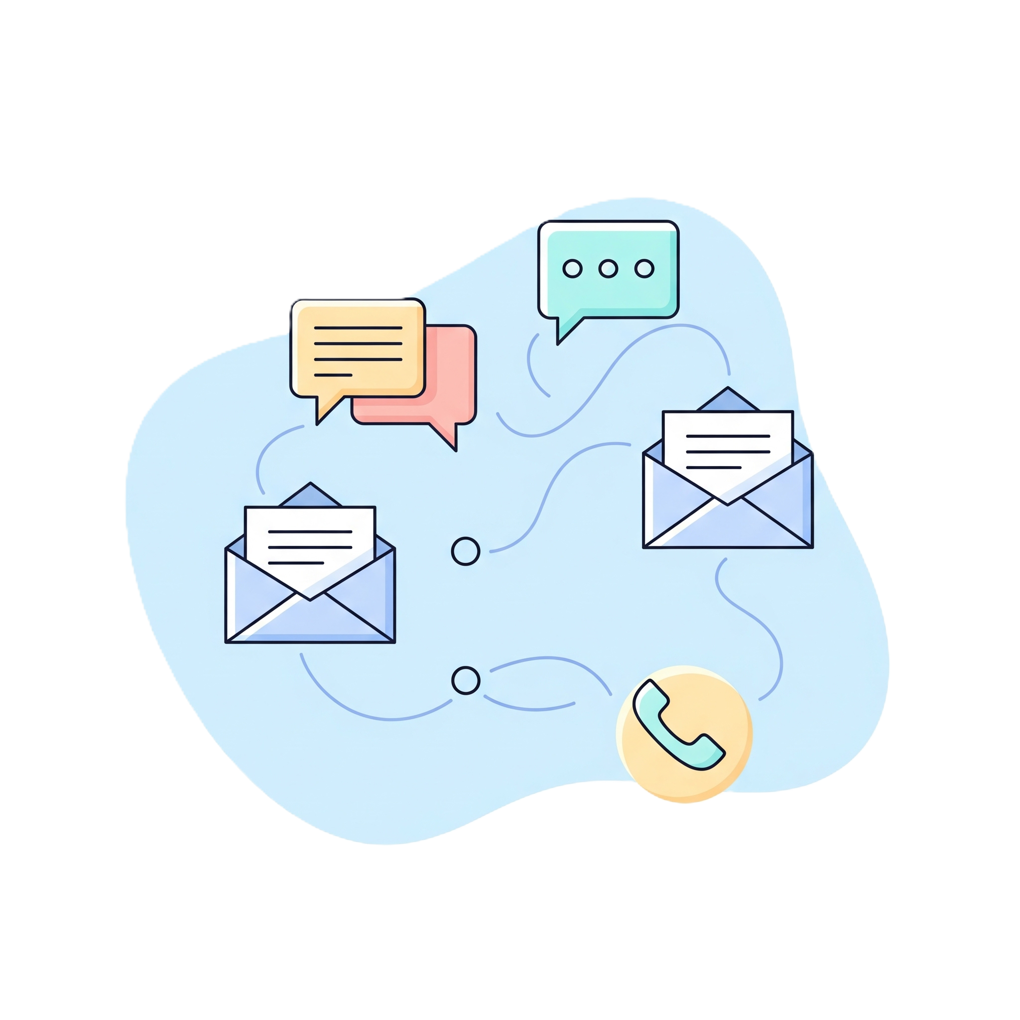 Imagem de chats, telefone e envelopes, que remetem a ideia de entrar em contato.